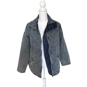 Quilted Denim Jacket Full Zip Oversized Acid Wash Women's L 100% Cotton